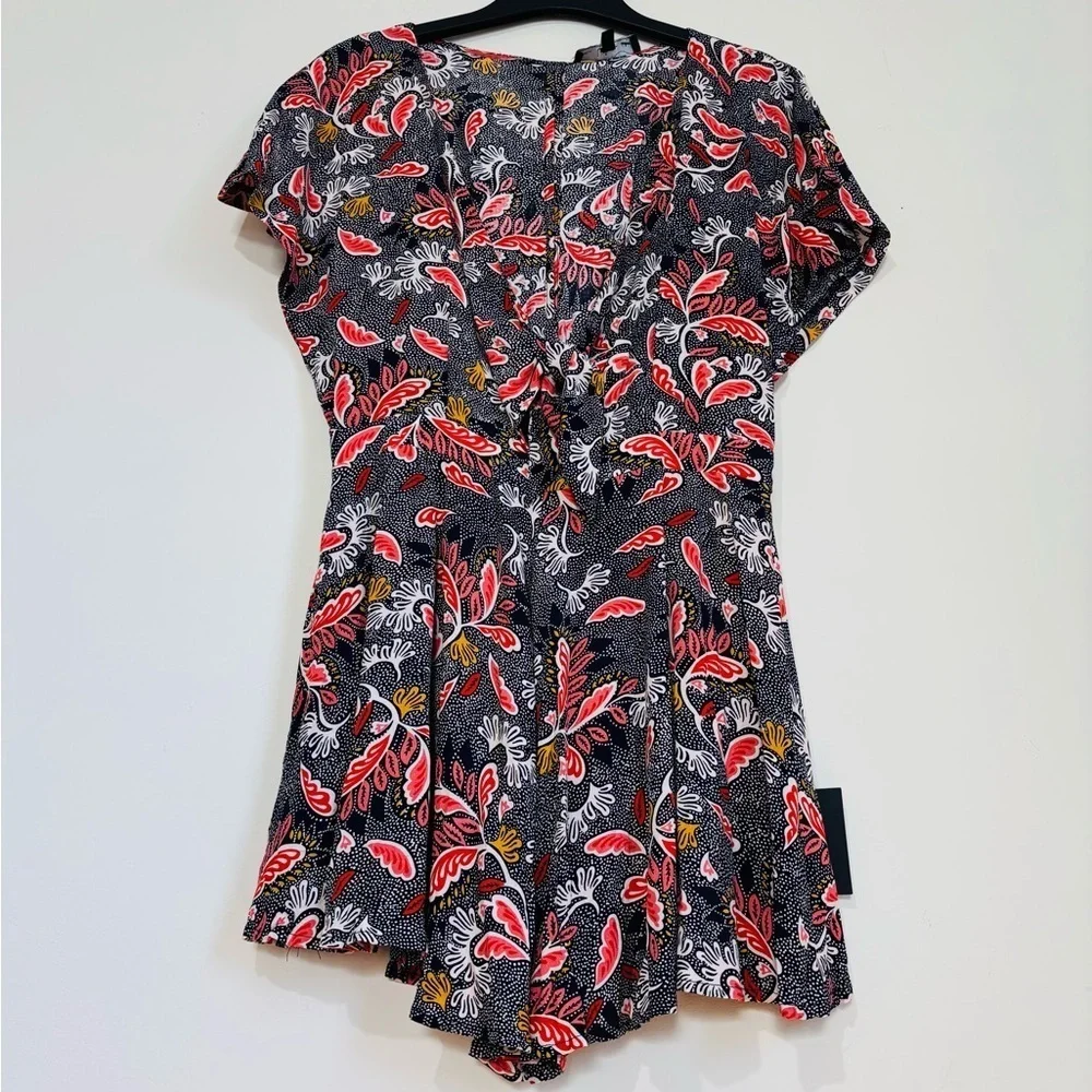 Lulus Dondi Boho Beach Navy White leaf Print V-Neck lagenlook Whimsical Romper L